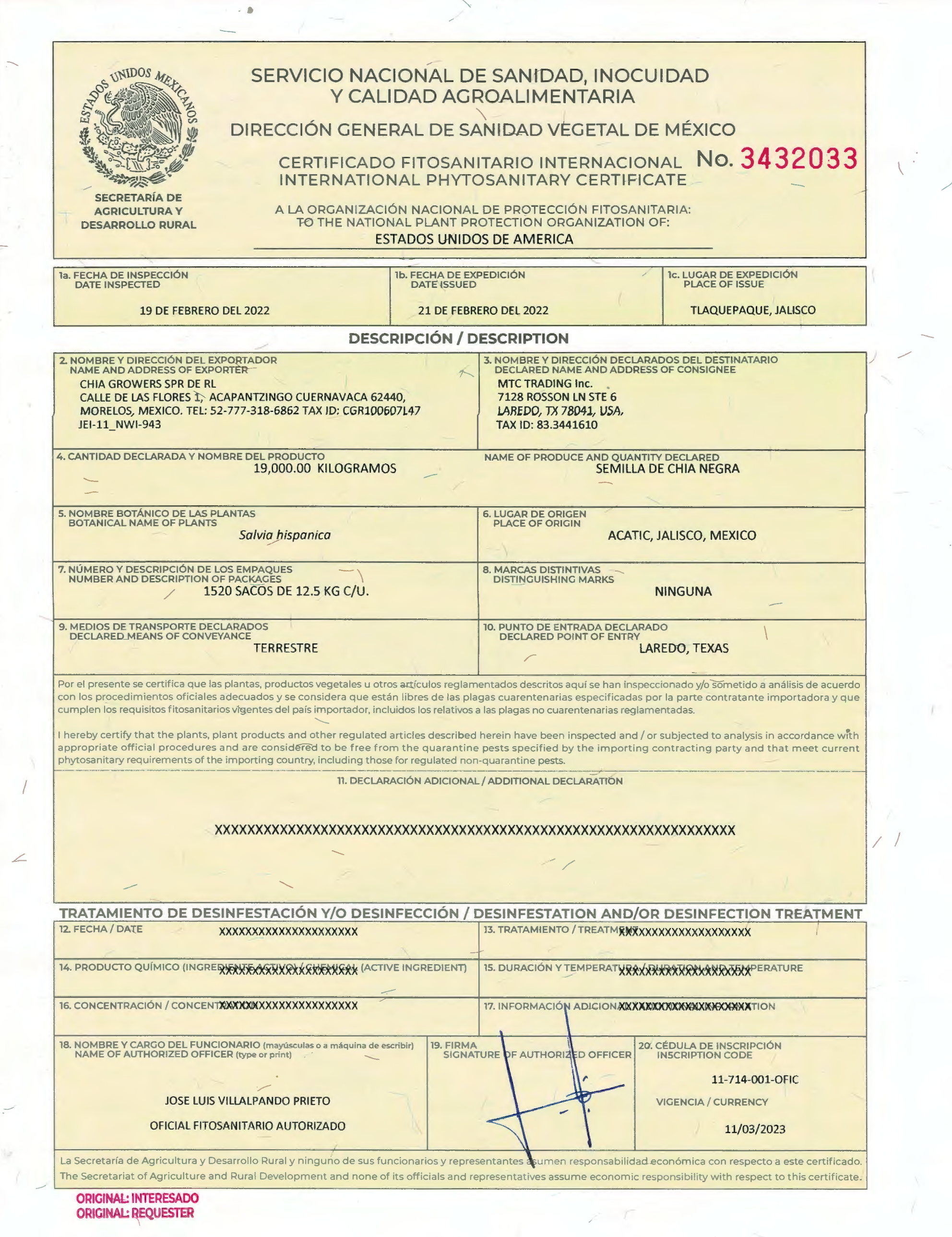 TF Chia Pet Phytosanitary Certificate