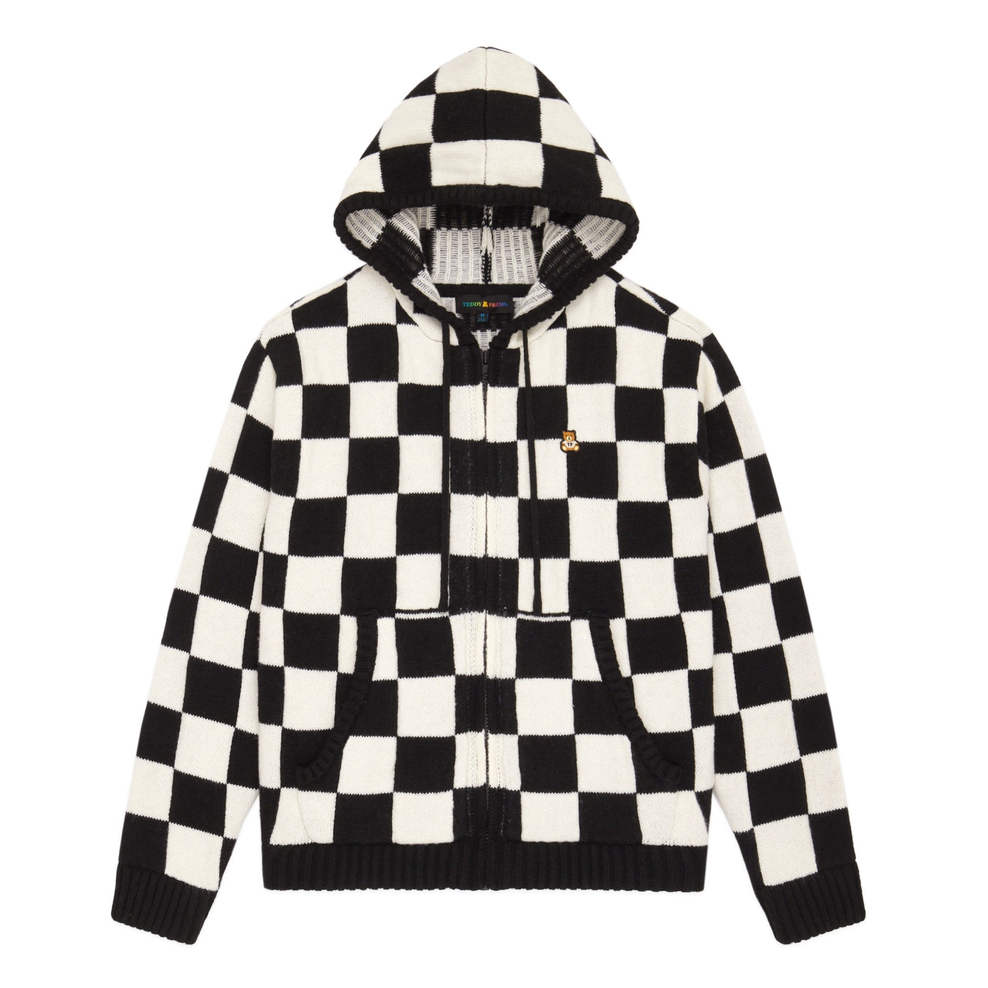 Checkered black store and white hoodie