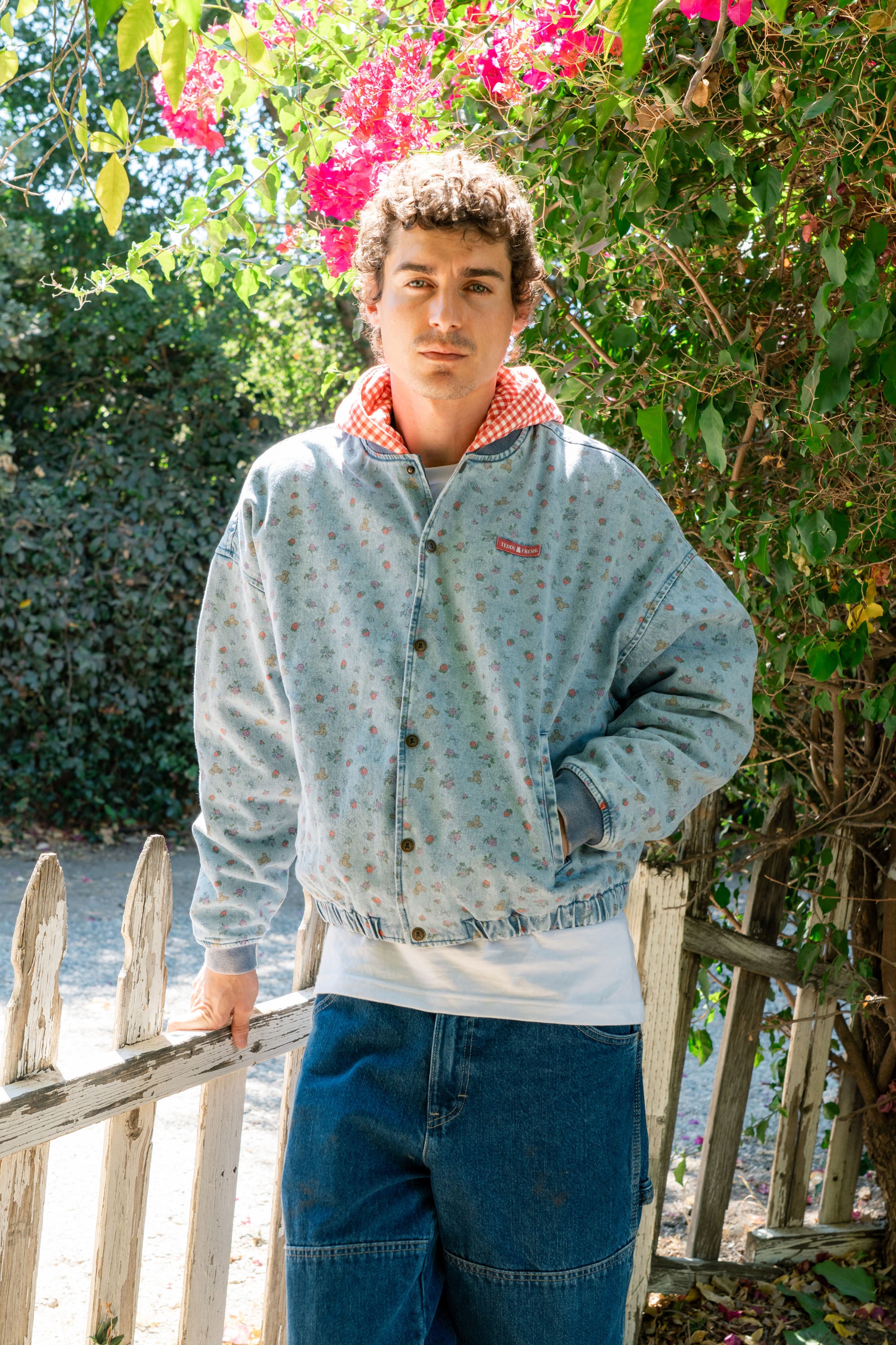 Strawberry Denim Bomber Jacket