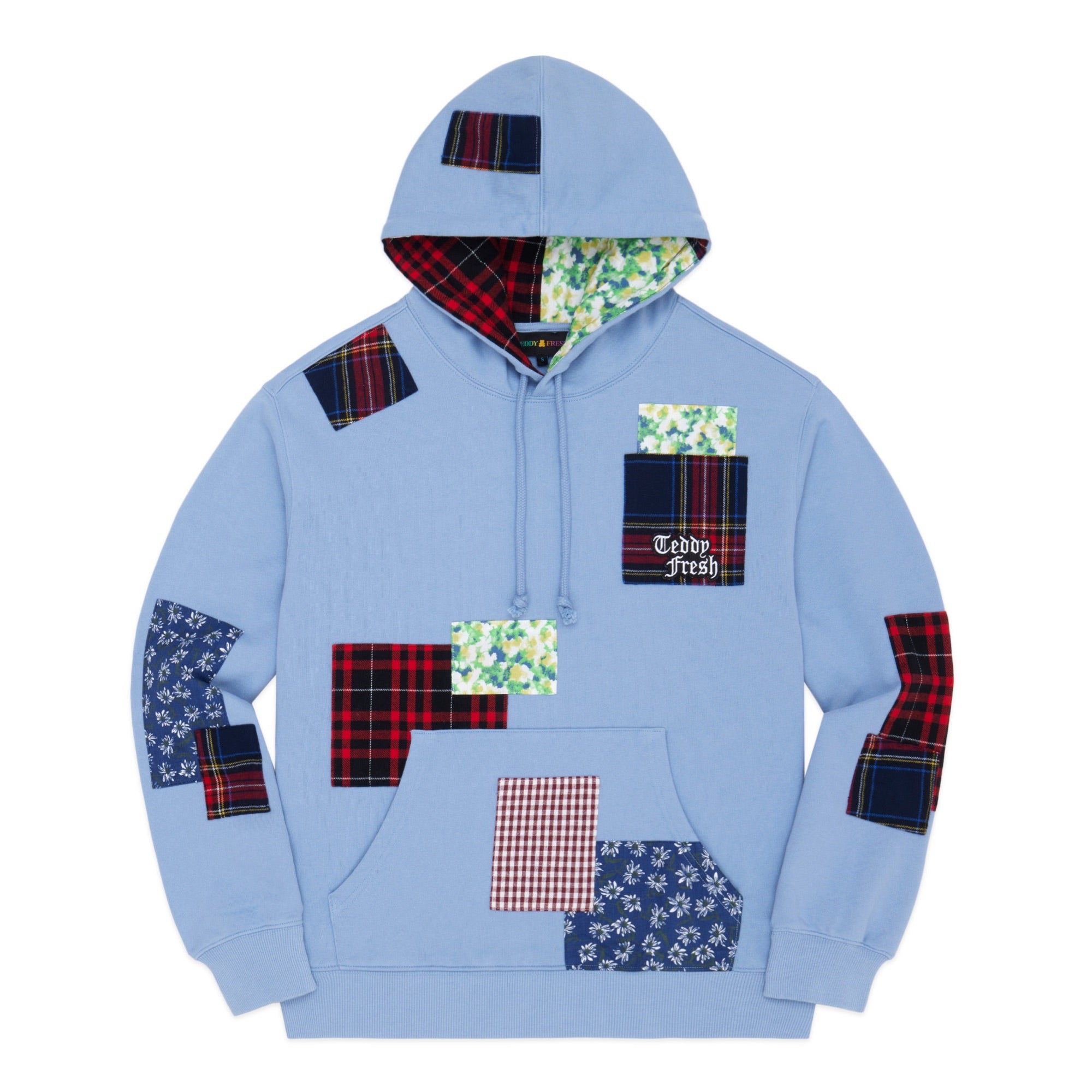 Teddy Fresh Zip Up Quilted Hoodie Blue Floral Teddy Bear Patchwork Sz L