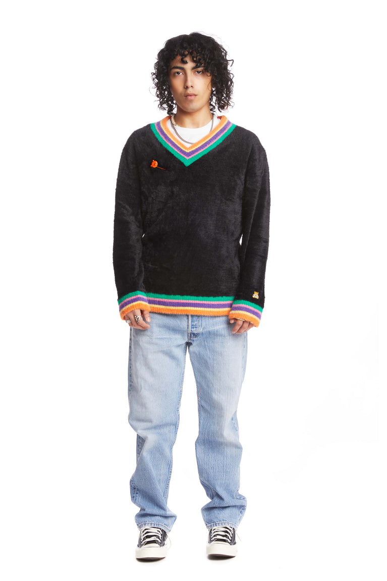 Colorful Rib Fuzzy V-Neck Sweater