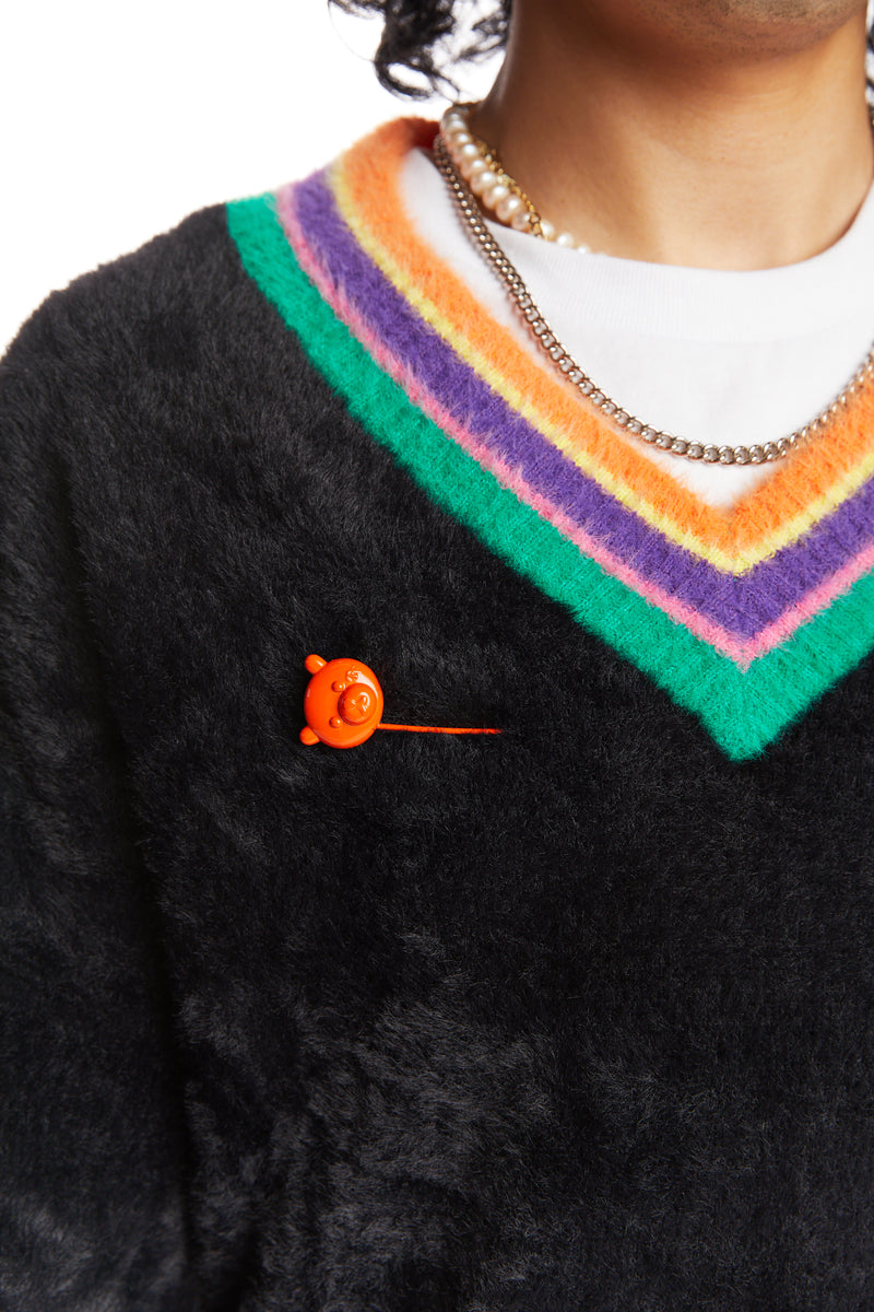 Colorful Rib Fuzzy V-Neck Sweater