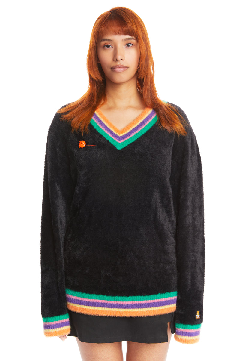 Colorful Rib Fuzzy V-Neck Sweater