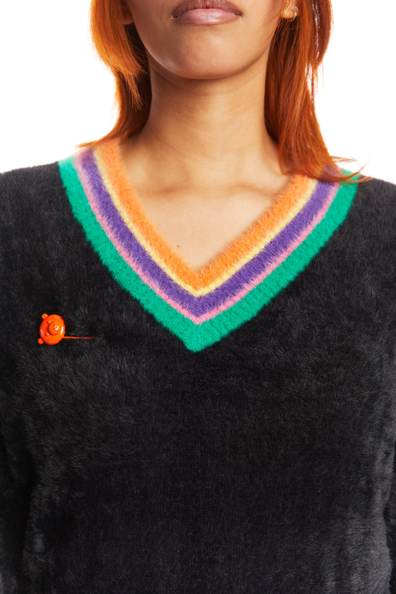 Colorful Rib Fuzzy V-Neck Sweater