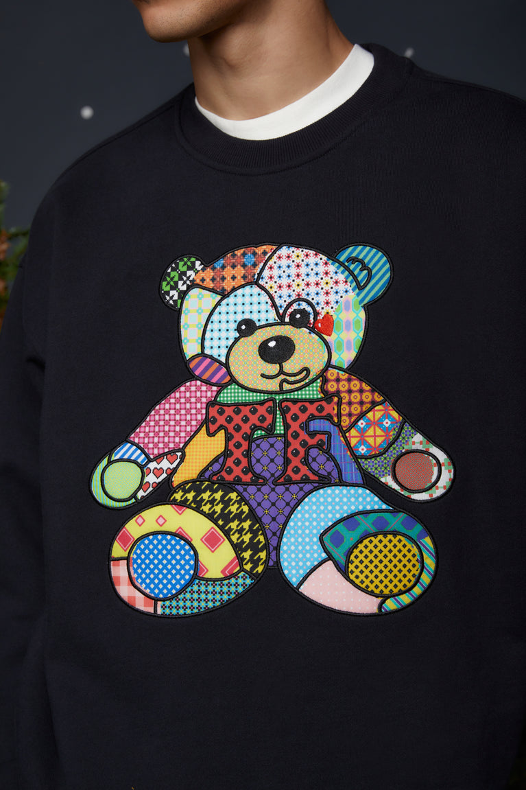 Patchwork Quilted Bear Applique Oversized Crewneck